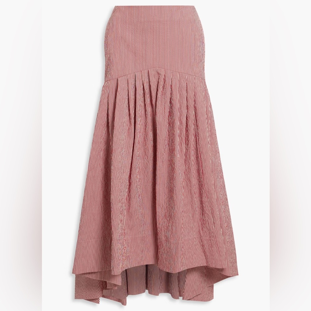 Never-Worn Rosie Assoulin Red Striped Seersucker Midi-Skirt